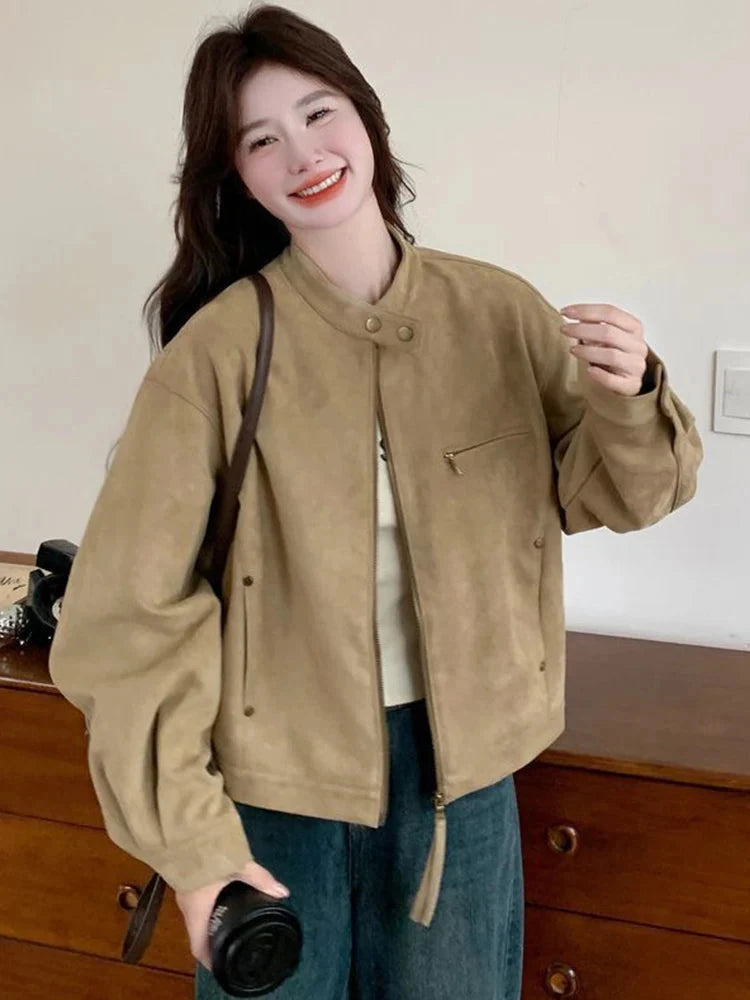 Women Faux Suede Y2K Jacket Streetwear Loose Long Sleeve Vintage Coat American Casual Harajuku Retro Stand Collar Fall Tops voguable