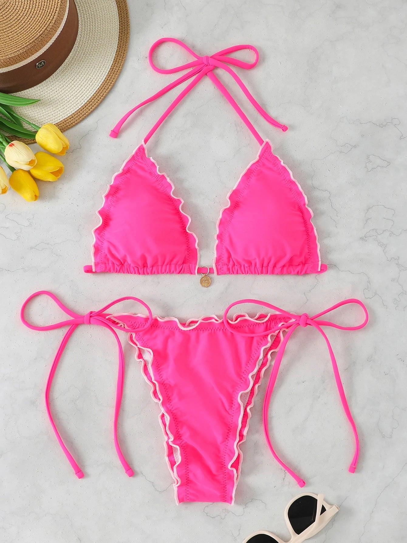 Voguable  Triangle Halter String Bikinis Women Sexy Ruffle Swimsuit Solid Cherry Swimwear Female Bathers Bathing Swimming Swim Suit voguable