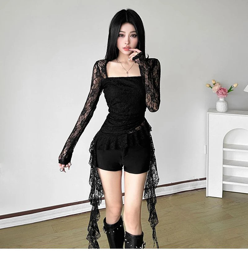 Y2K Ruffles Lace T Shirts Women Sexy Slim Long Sleeve Streetwear Tops Fashion Square Collar Irregular Design Female Tees voguable