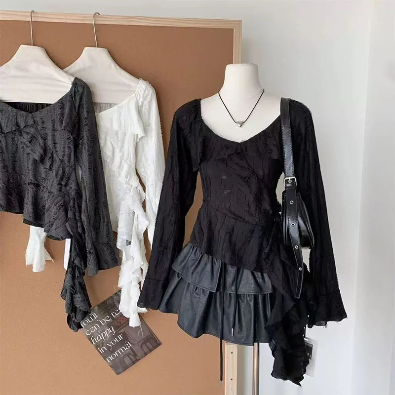 Irregular Patchwork Women T Shirts Y2K Fashion Gothic Ruffled Sleeve Female Tops Streetwear Sexy Hollow Out Hole Casual Tees New voguable