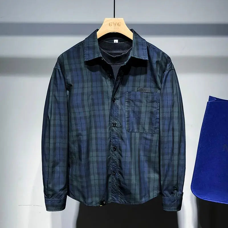 Voguable  New Men Clothing Spring Vintage Classic Plaid Print All Match Shirt Casual Lapel Long Sleeve Loose Pocket Tops Camisas De Hombre voguable