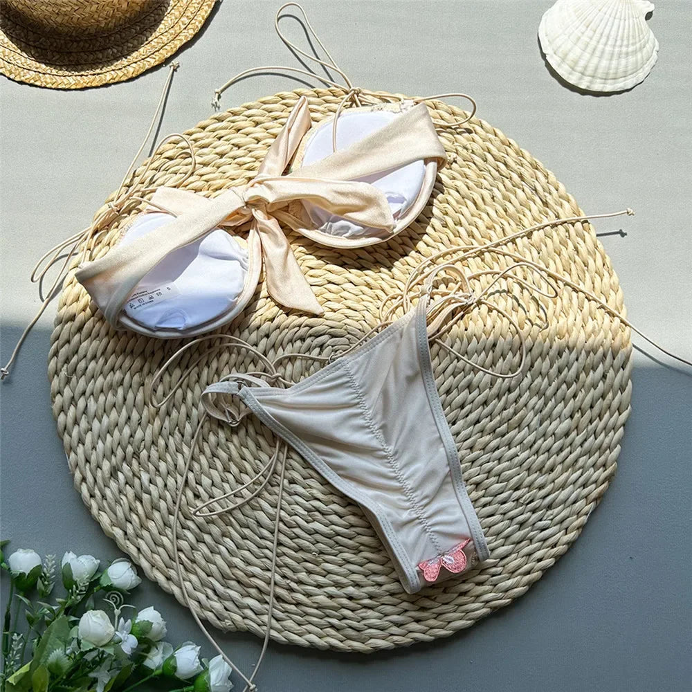 Voguable  Beige Shiny Flower Embroidery Swimwear Thong Micro Push Up Bikini Set Sexy Swimsuit Women Bathing Suit String Bikinis Mujer voguable