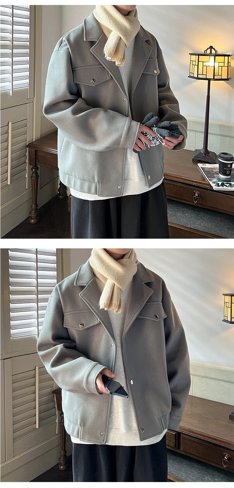 Winter Short Woolen Coat Men Warm Fashion Casual Thick Woolen Jacket Men Korean Loose Thicken Woolen Coat Mens Black Overcoat voguable