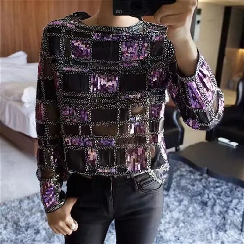 Autumn Runway Women Plaid Sequined Blouse Purple Shiny Long Sleeve Spring Summer Blouses Shirt Woman Beading Party Tops