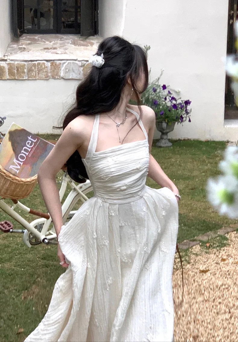 Voguable  Summer Fairy Backless Slash Neck Embroidery Suspender Dresses Women High Waist Chiffon Slim Fit Lolita Style White Dress voguable