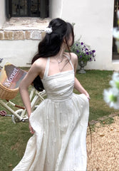 Voguable  Summer Fairy Backless Slash Neck Embroidery Suspender Dresses Women High Waist Chiffon Slim Fit Lolita Style White Dress voguable