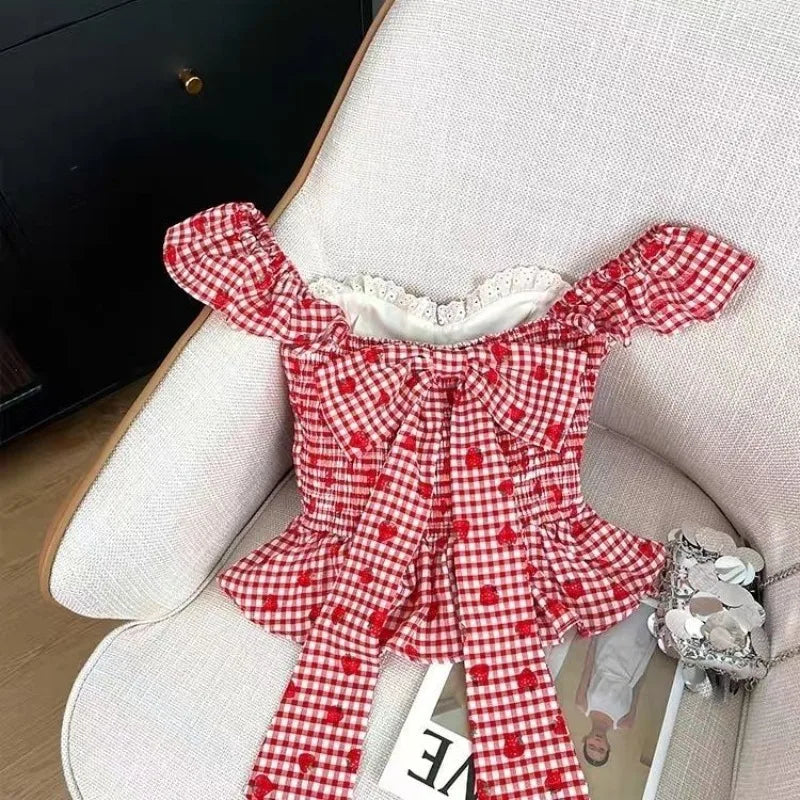 Voguable  Gentle Cute Print Strawberry Fresh Ropa Mujer Sweet French Age Reduction Bow Slim Blusas Plaid Short Lace Patchwork Shirt voguable