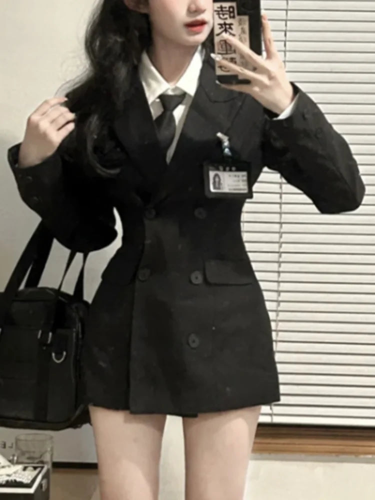 Voguable  Black Korean Two Piece Dress Set Women Casual Polo Blouse + Dress Coat Set Female Slim Vintage Elegant Dress Suit 2024 New voguable