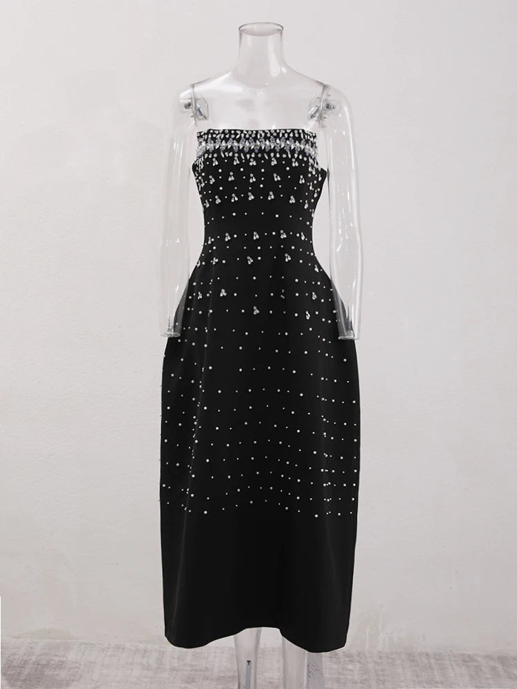 French Style Diamond Spliced Party Maxi Dresses For Women Slash Neck Sleeveless High Waist Black Female Dress 2025 voguable