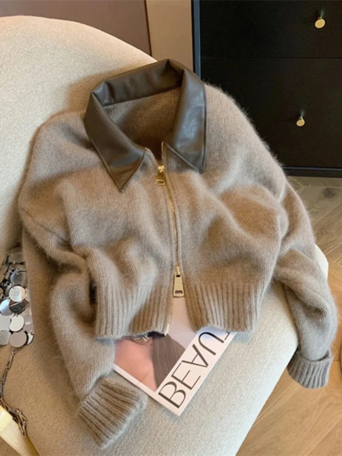 Spliced Leather Collar Knit Sweater Fashion Double Zipper Cardigan Women's Autumn/Winter New Soft Vintage Long Sleeve Streetwear voguable