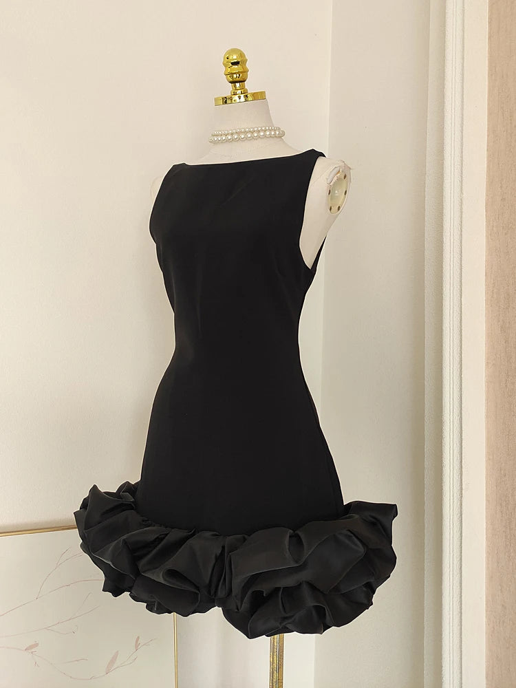 Spring French Style Splicing Halter Dress Woman Backless Slash Neck Solid Sleeveless Short Dresses Wave Cut voguable