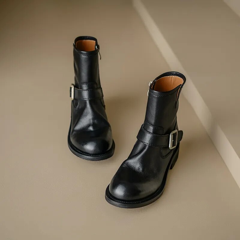 Women Boots Genuine Leather Ankle Boots Autumn Winter Round Toe Side Zipper Office Lady Working Shoes Woman Concise Basic voguable