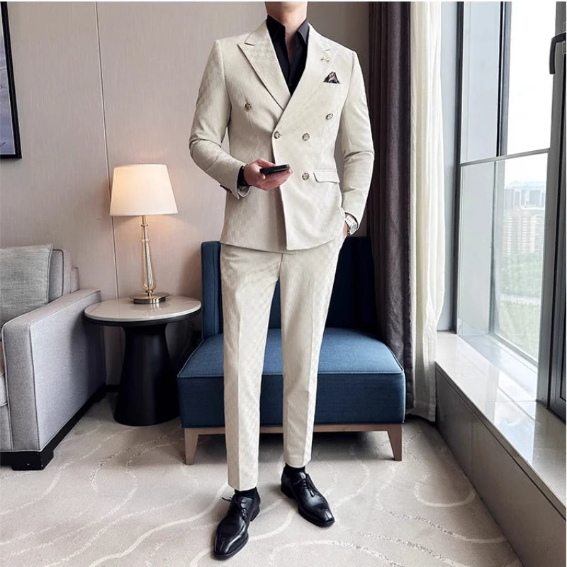 Voguable （Jacket+Vest+Pants）Classic Plaid Korean Slim-fit Men's High-end Banquet Dress Suit Fashion Men Formal Business Social Host Suit voguable