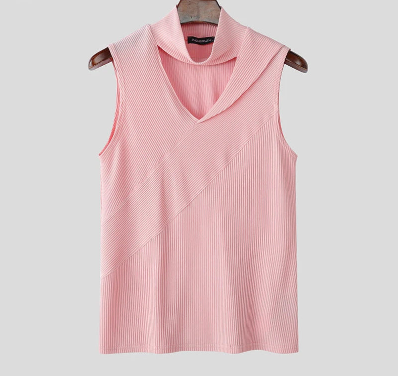 Summer Men Tank Tops Solid Color Knitted Turtleneck Sleeveless Male Vests Tops Hollow Out Sexy Men Clothing Streetwear voguable