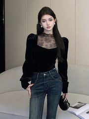 Lace Patchwork Women T Shirt Autumn Sweet Puff Sleeve Slim Crop Tops Female Half Turtleneck Splicing Casual Bottoming Tees voguable