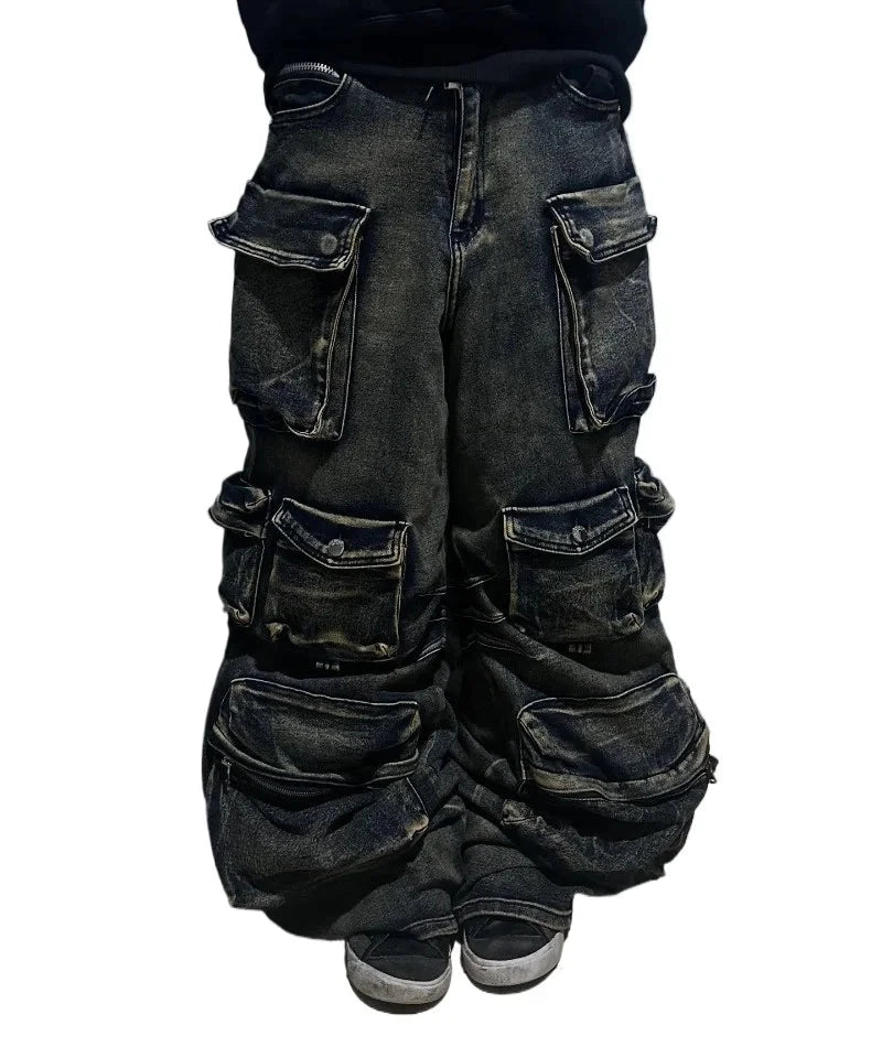 Y2K New Fashion Washed Multi-pocket Old Baggy Tooling Jeans Men Vintage Hip-hop Straight Casual Punk High Waist Wide Leg Pants voguable