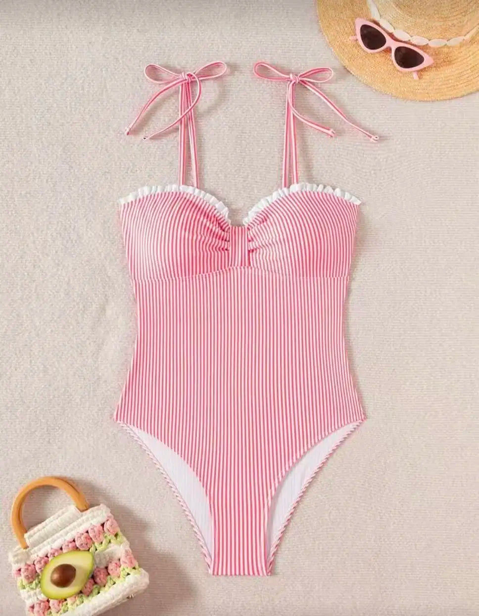 Voguable  Strappy Swimsuit One Piece Sexy Striped Ruffle Swimwear Women Bathers Bathing Swimming Swim Suit Padded Beachwear Summer voguable