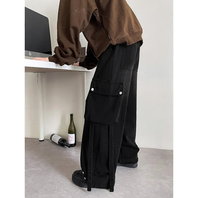 Baggy Casual Denim cargo Pant man Mopping Trousers Yellow Mud Ribbons Multi-pockets Drawstring Jeans for Men Harajuku Streetwear