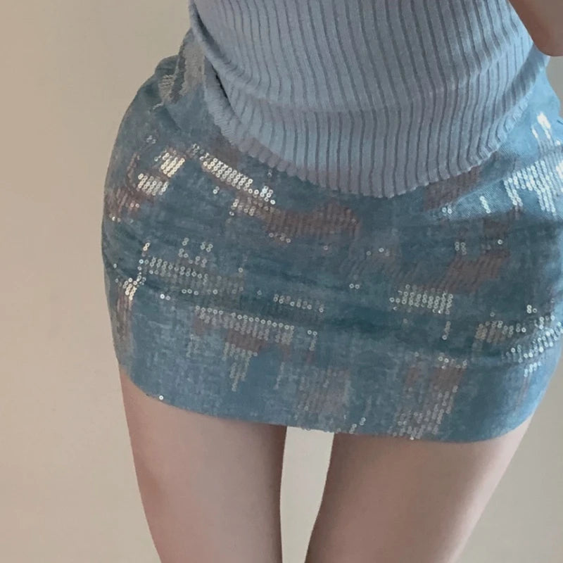 Voguable 2024 Spring New High Street Fashion Sequin Denim Mini Skirt Women + Solid Color Sexy Slim Knitted Camisole Two-piece Suit voguable