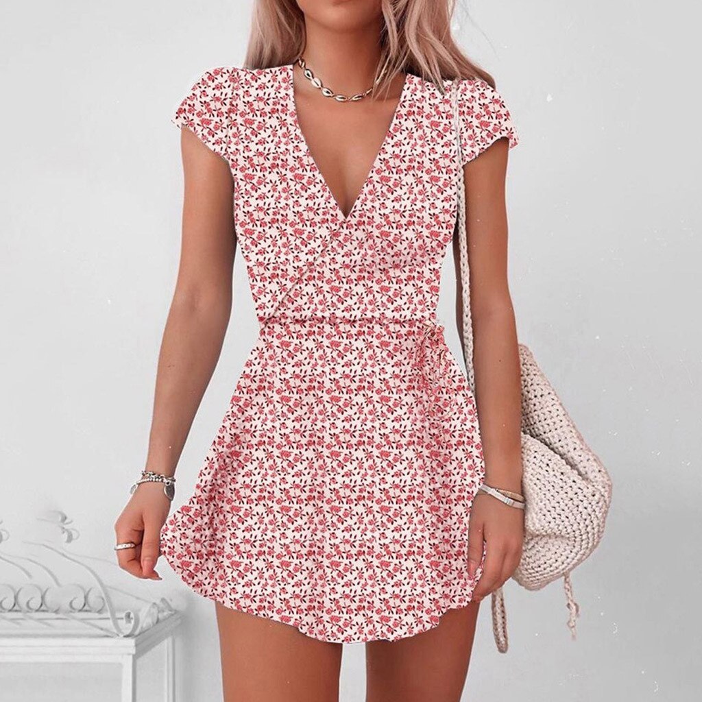 Women Dresses Summer Sexy V Neck Floral Print Boho Beach Dress Ladies Short Sleeve A Line Mini Dress Sundress Robe voguable