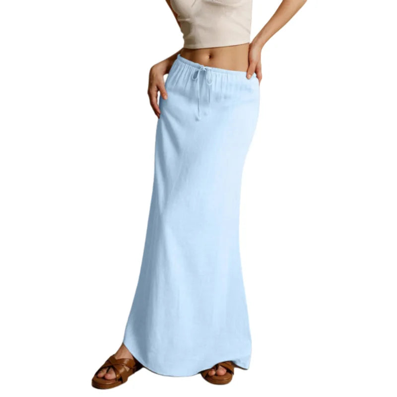 Voguable  Solid Color Straight Drawstring Elastic Waist Casual Ladies Skirt Summer Simple New Versatile Loose Long Skirt for Women voguable