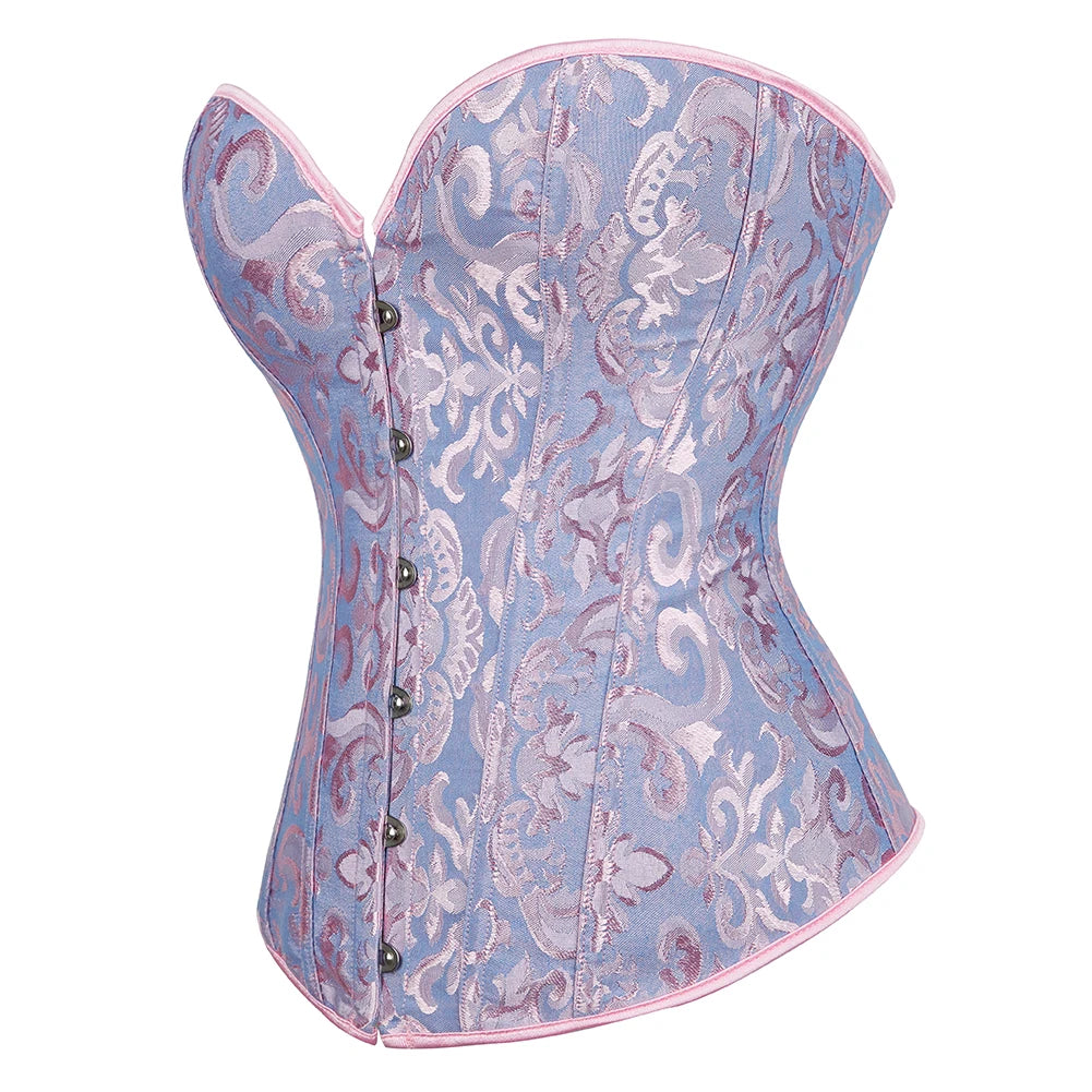 Voguable Overbust Corset Jacquard Floral Black White Pink Blue Korset Fish Boned Gothic Bustier Top Front Busk Clothing Gorset voguable