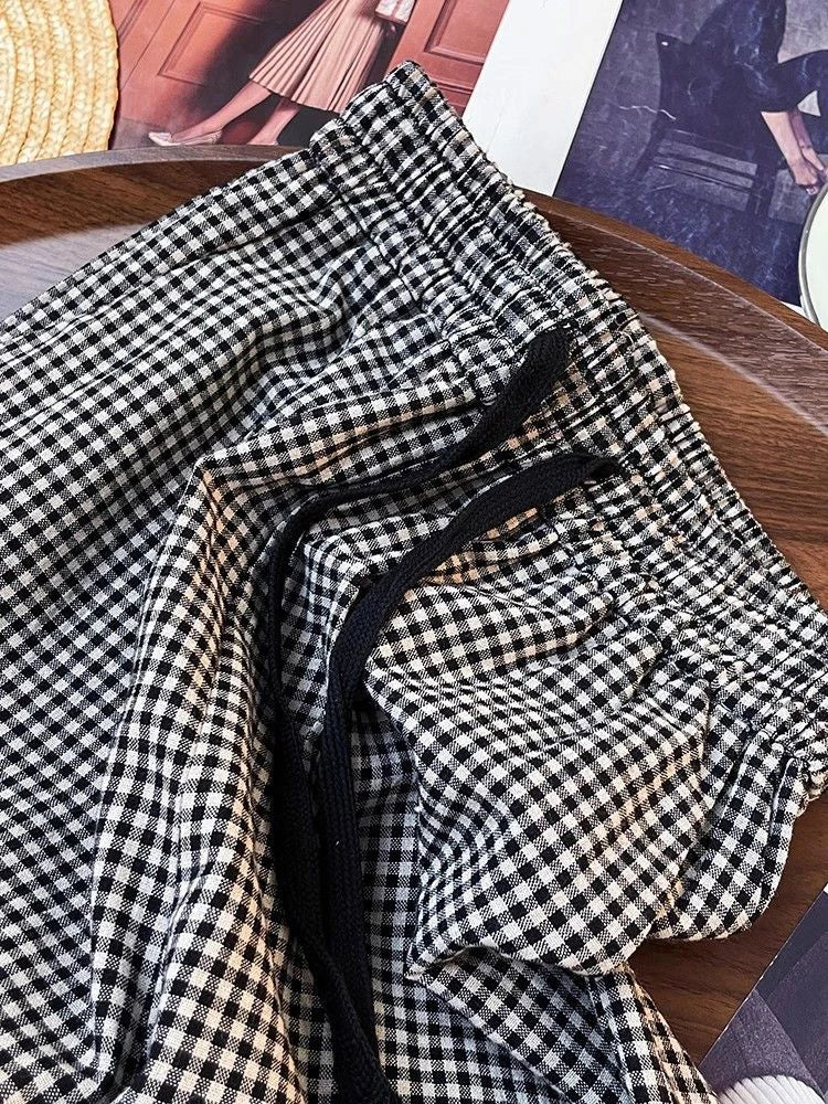 Korean Chic Plaid Casual Pants Women Summer High Waist Retro All Match Wide Leg Pants Y2K Loose Drawstring Straight Trousers voguable