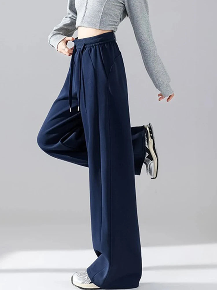 Preppy Style Black Sweatpants Women Vintage High Waist Loose Straight Pant Korean Casual Fall Lace Up Wide Leg Trousers New voguable
