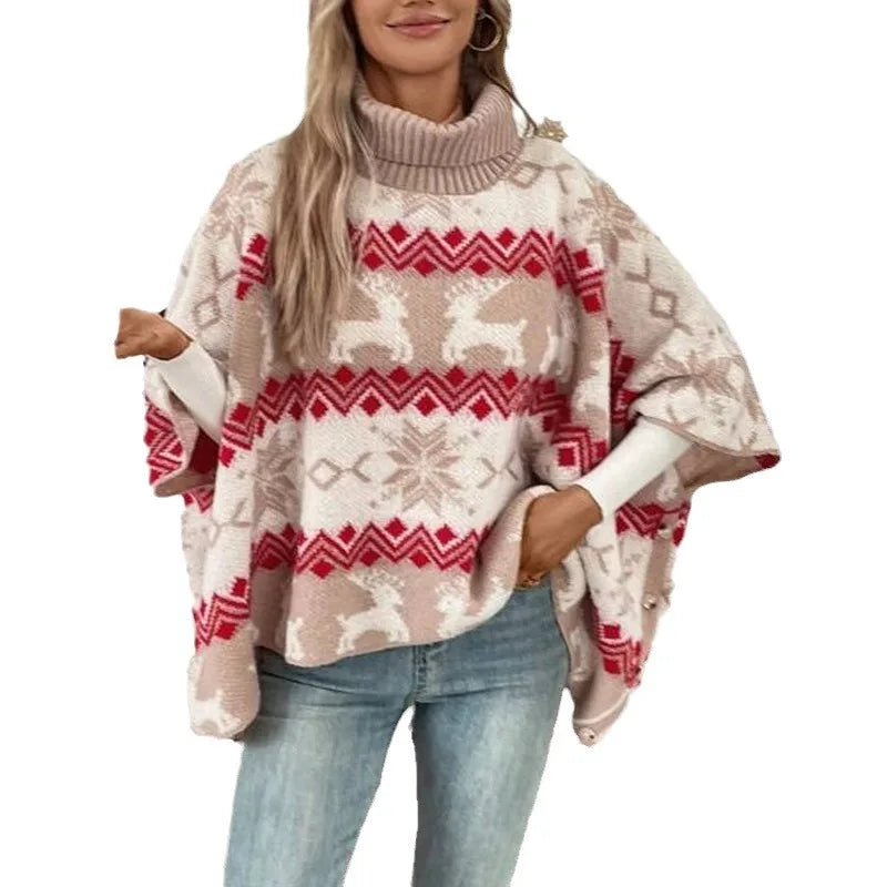 High Collar Christmas Elk Contrast Pattern Bat Sleeve Sweater New Year voguable