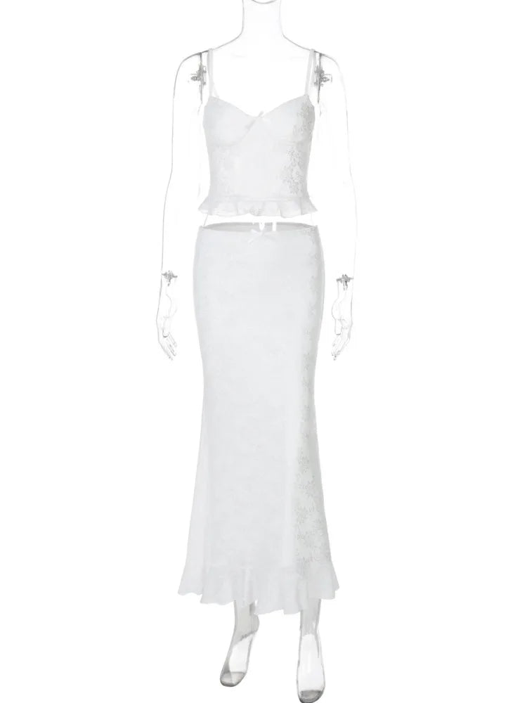 Mozision Lace Sexy Two Piece Sets Women Spaghetti Strap Sleeveless Crop Tops And Long Skirt Matching Sets Elegant Club Sets voguable