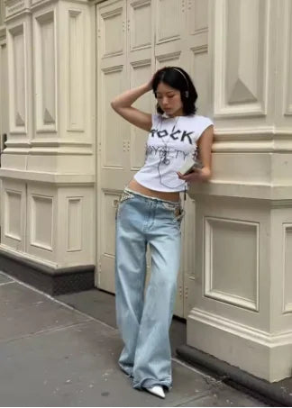 Voguable  Y2K Punk Women Flare Jeans High Waist Light Blue Washed Denim Pants Metal Stud Decoration Fashion Boot Cut Denim Trousers voguable
