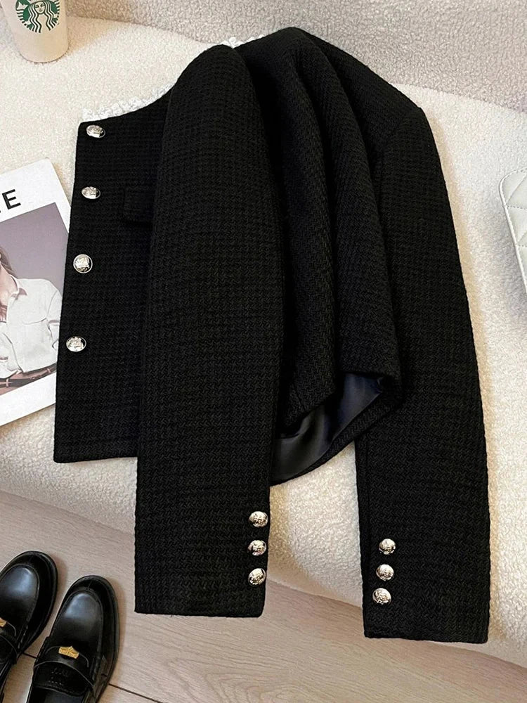 Black Slim Elegant Tweed Jacket Women Vintage Lace Patchwork Long Sleeve Sweet Coat Fall Winter French Casual Retro Tops voguable