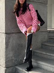 Women Retro Printing Round Neck Loose Sweater Casual Long Sleeves Knitted Pullover 2024 New Autumn Female Fashion Knitwear Tops voguable