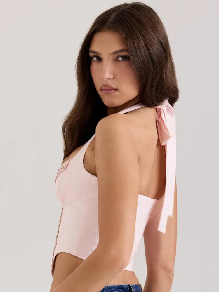 Halter Backless Lace-up Sexy Tank Tops Women Pullovers Summer Fashion Sleeveless Print Club Party Crop Top Female Tops voguable