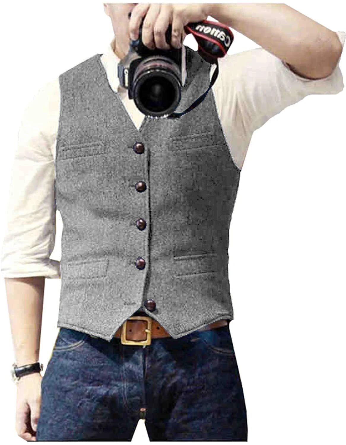 Men's Casual Classic Suit Vest V Neck Herringbone Tweed Slim Fit Business Waistcoat For Wedding voguable