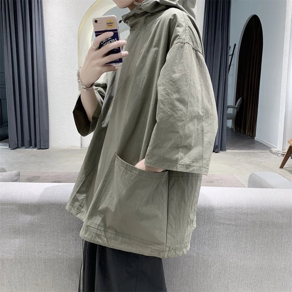Voguable  Trendy Summer Hooded Sweatshirt Men's Harajuku Style Loose Fit Capucha Short Sleeves T-shirt Thin Jacket Five Minute Sleeves voguable