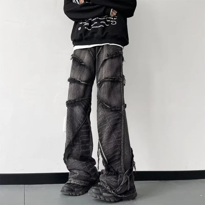 Voguable Y2K Punk Black American Street Rock Retro High Waist Oversized Jeans Men Raw Edge Washed Darkwear Wide Leg Trousers Men voguable