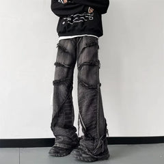 Voguable Y2K Punk Black American Street Rock Retro High Waist Oversized Jeans Men Raw Edge Washed Darkwear Wide Leg Trousers Men voguable