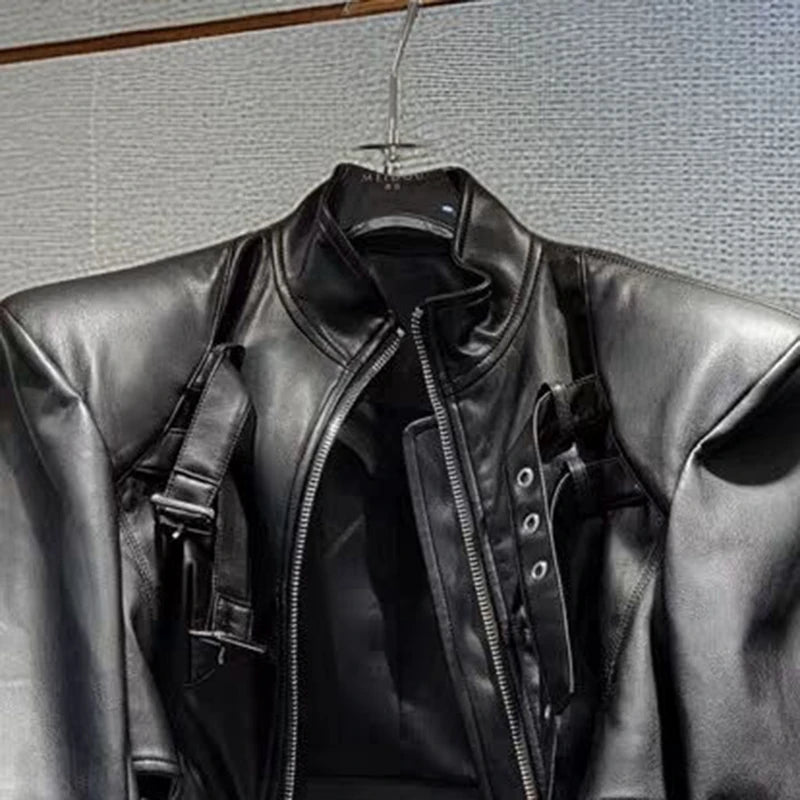 Voguable  Y2k Women Black Cropped PU Leather Jacket Stand Collar Zipper Decor Streetwear Casual Short Moto Biker Coat Outwear Fashion voguable