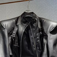 Voguable  Y2k Women Black Cropped PU Leather Jacket Stand Collar Zipper Decor Streetwear Casual Short Moto Biker Coat Outwear Fashion voguable