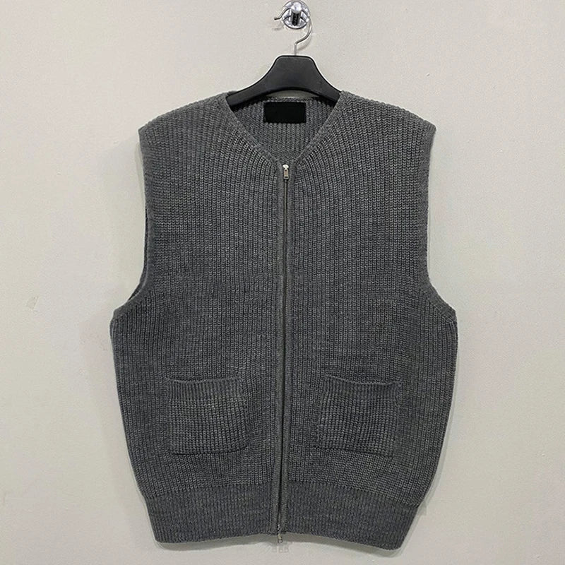 Men's Knitted Sleeveless Zipper Sweater Casual Luxury Clothing Waistcoat Tide Port Style Leisure Pullover Spring Retro Knitwear voguable
