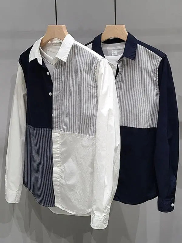 Voguable  Stripe Contrasting Splicing Long Sleeved Shirt Men's Korean Version Simple Loose Casual Shirt Top Trend voguable