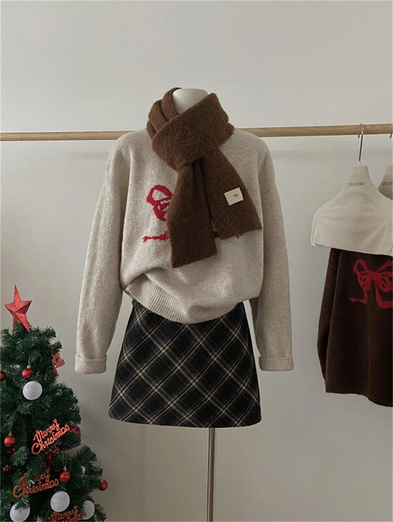 Sweet Knitted Sweater Women Oversized Bow Embroidery Pullover Korean Fashion Casual Jumper All-Match Autumn Winter High Street voguable
