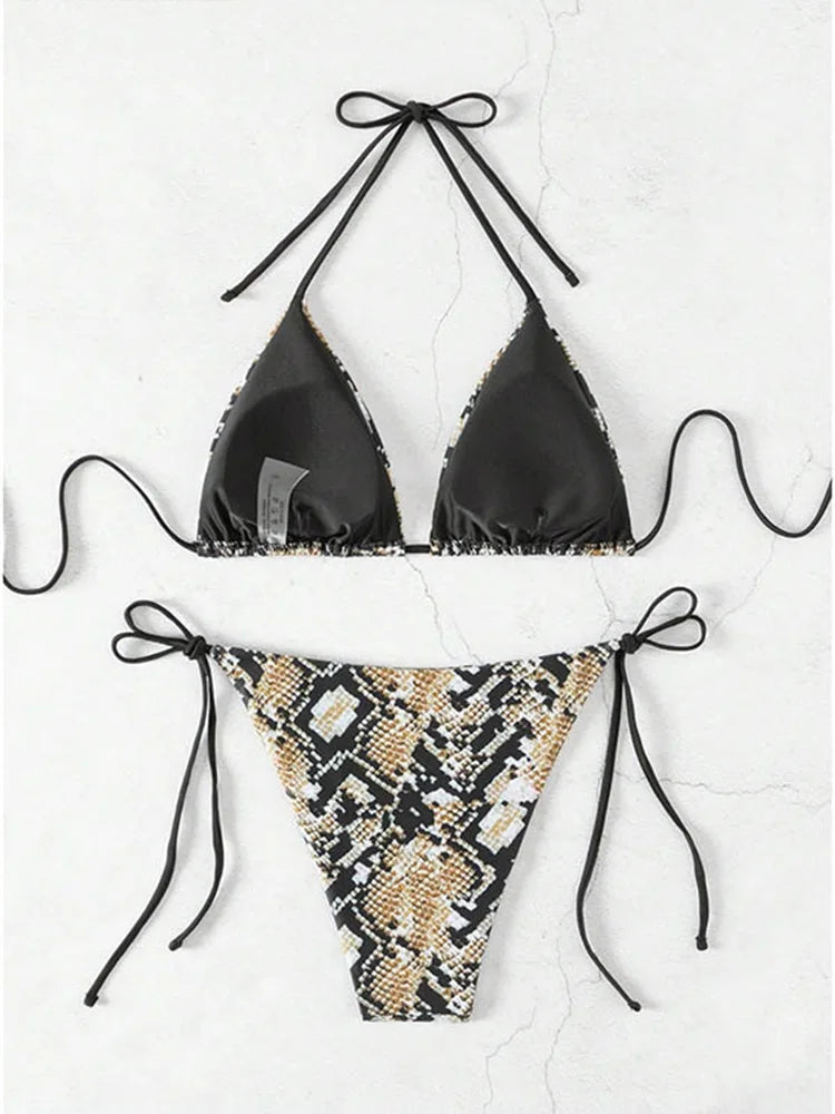 Voguable  Fashion Sexy Leopard Laced Up Bikini Women Split Swimsuit Beach Vacation Bikini All Season Backless Bikini 2 Piece Set voguable