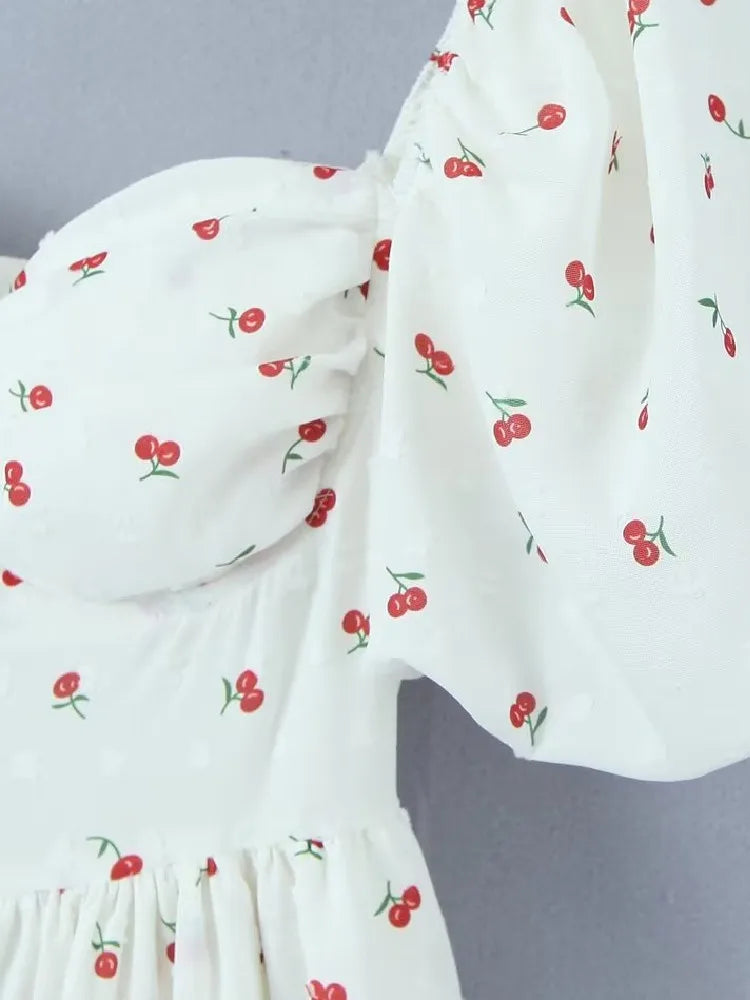 Voguable  Summer Sexy Corset Style Fruit Cherry Print Mini Dress White Retro Women Slim Waist Ruffles Hem Lantern Sleeve Cake Robe voguable