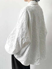 2XL White New Crumpled Jacquard Shirt Loose Fashion Solid Color Casual Turn-down Collar Top New All-match Bat Wing Sleeve P7W voguable