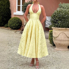 Elegant Sexy Evening Party Dresses Women Korean Style Halter V-neck Dress Sweet Backless Yellow Summer Solid Midi Dress voguable
