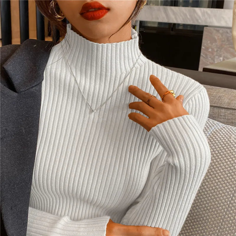 Elegant Solid Basic Knitted Tops Women Turtlneck Sweater Long Sleeve Casual Slim Pullover Korean Fashion Simple Chic Clothes voguable