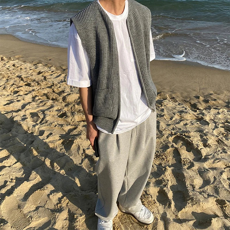 Men's Knitted Sleeveless Zipper Sweater Casual Luxury Clothing Waistcoat Tide Port Style Leisure Pullover Spring Retro Knitwear voguable