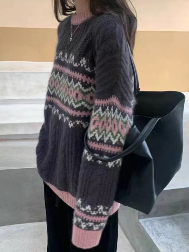 Pullovers Women Loose Vintage Jacquard Autumn Fashion O-neck Comfort Temper Sweater All-match Korean Style Casual Knitted Basic voguable